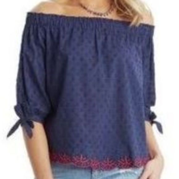 Democracy Tops - Democracy Off Shoulder Embroidered 3/4 Sleeve Top